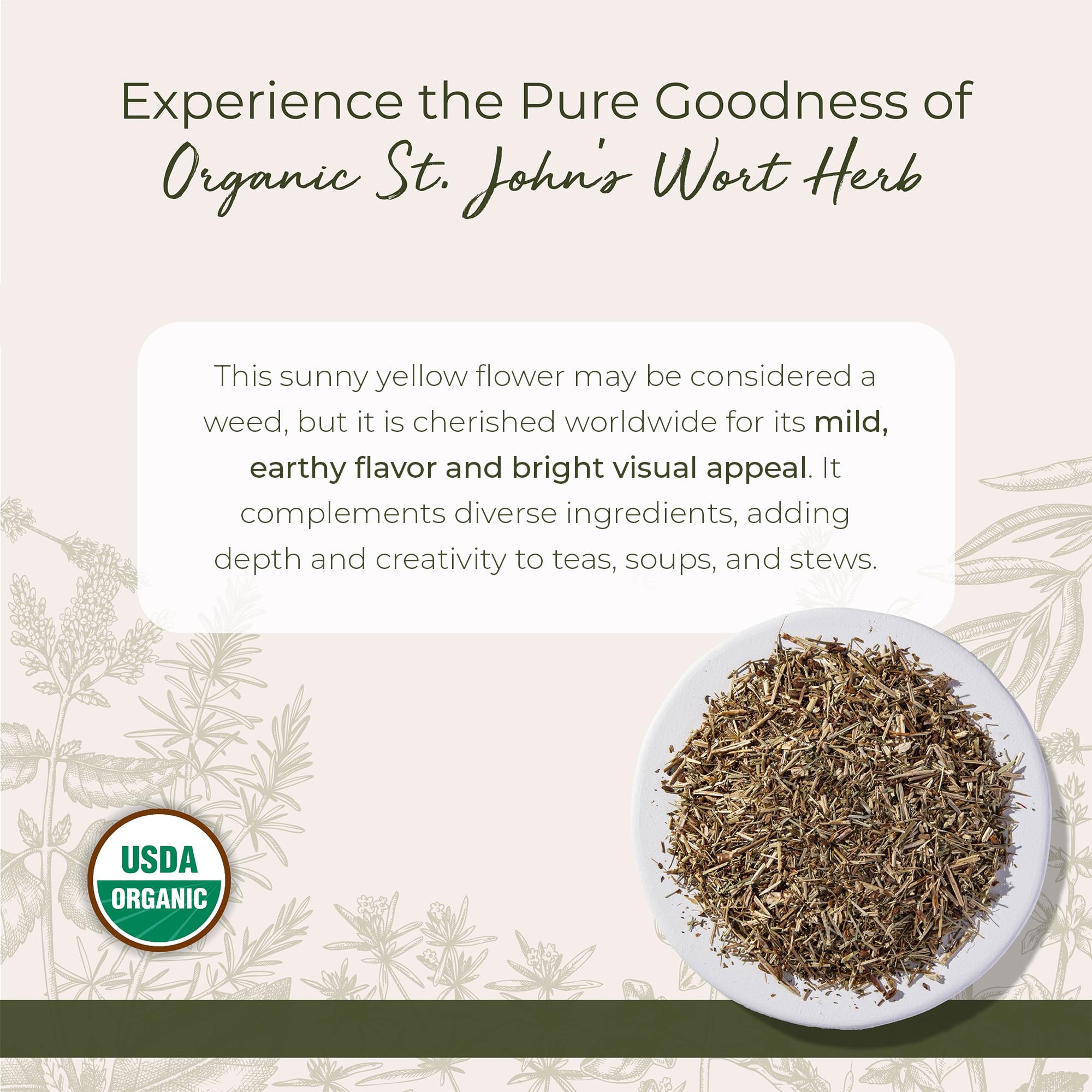 Starwest Botanicals cierre de detalle y textura seca de Hypericum perforatum para infusiones