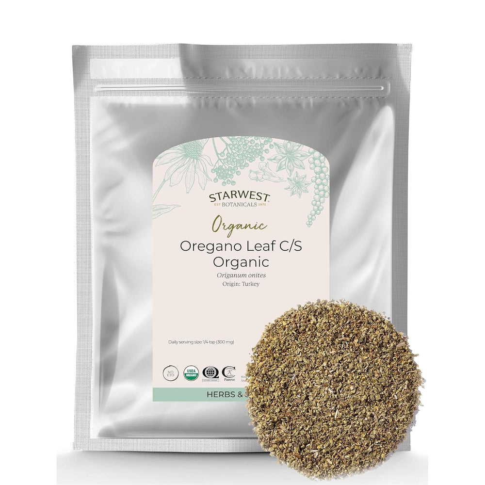 Starwest Botanicals paquete frontal de orégano orgánico mostrando tamaño y marca