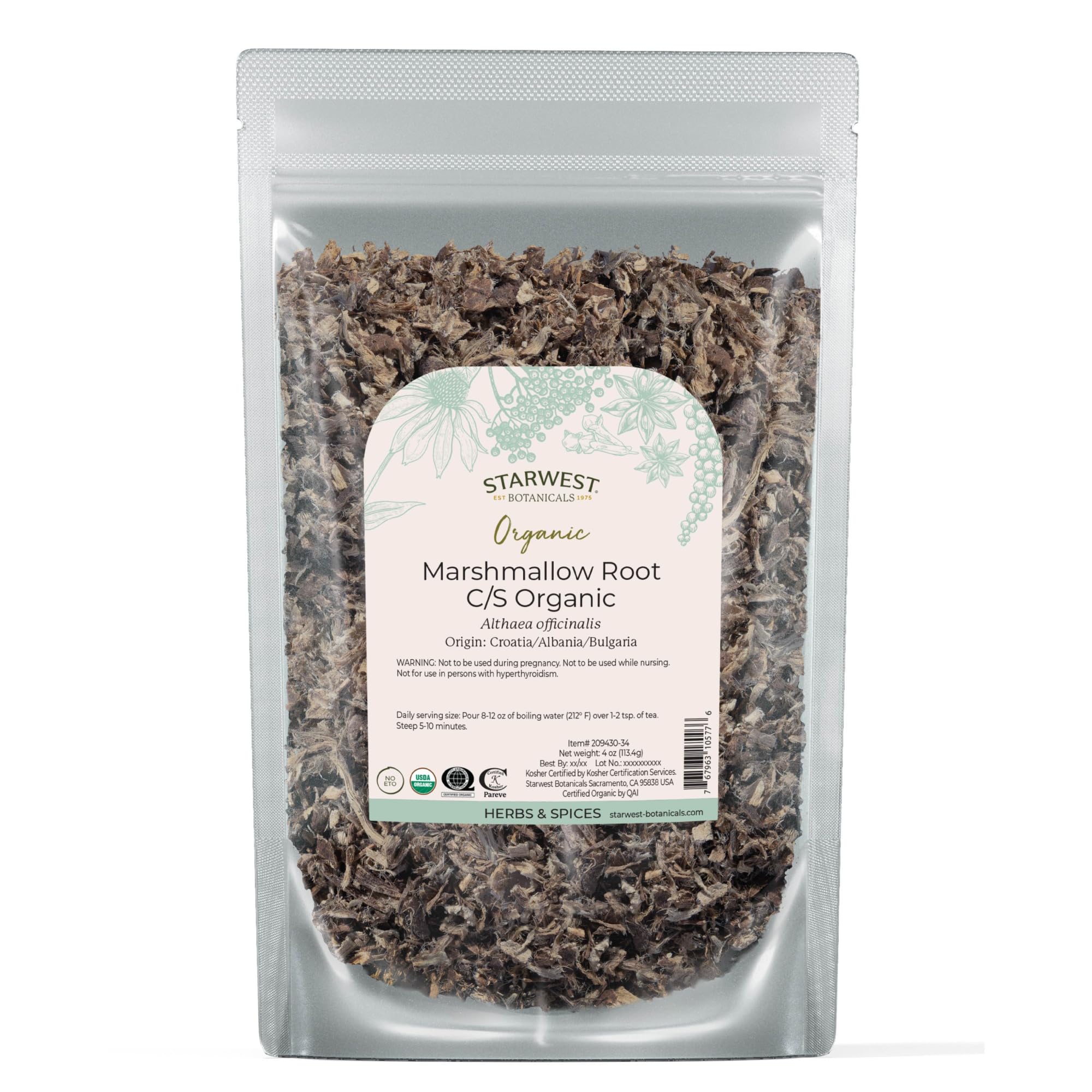 Starwest Botanicals frente del envase mostrando producto orgánico y peso