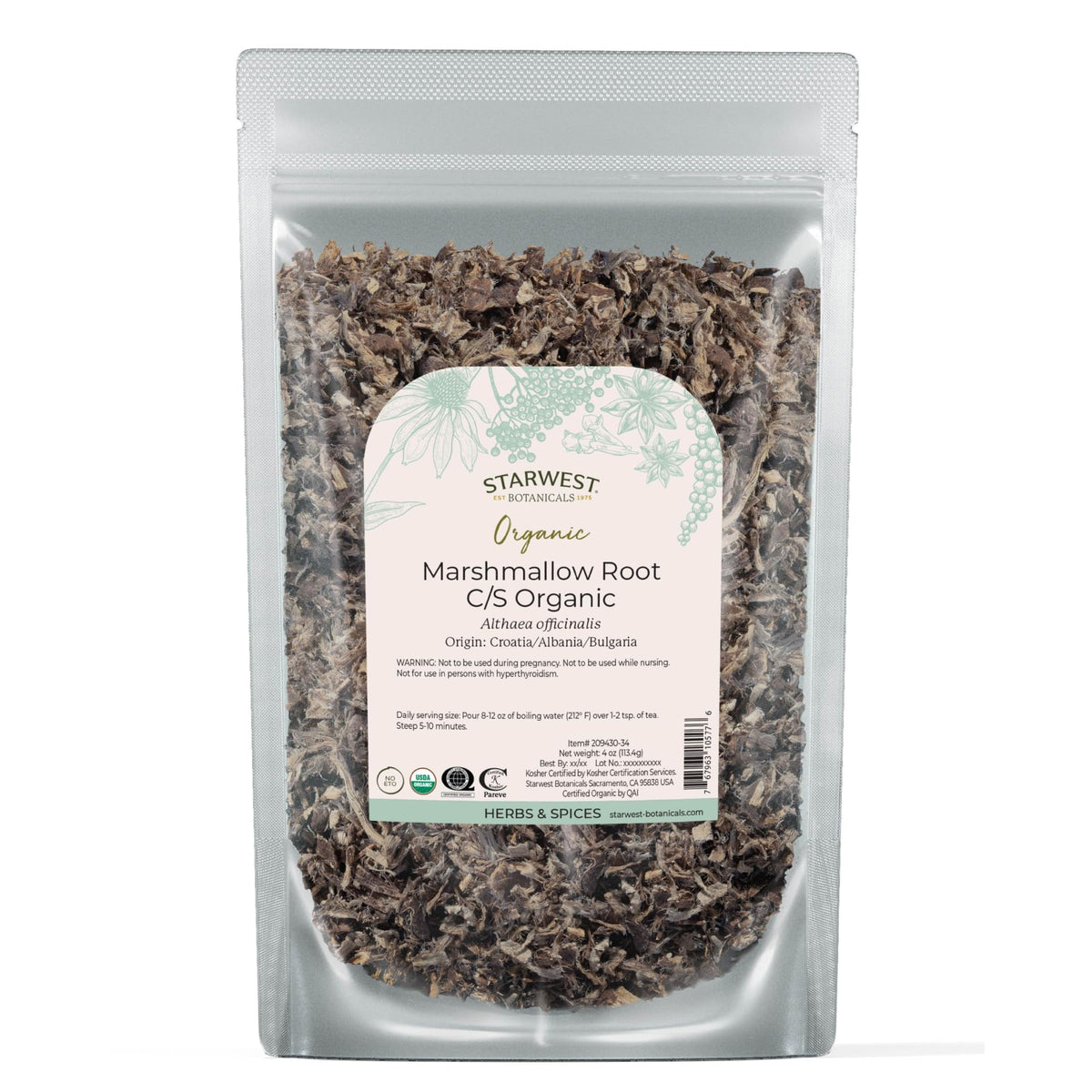 Starwest Botanicals frente del envase mostrando producto orgánico y peso