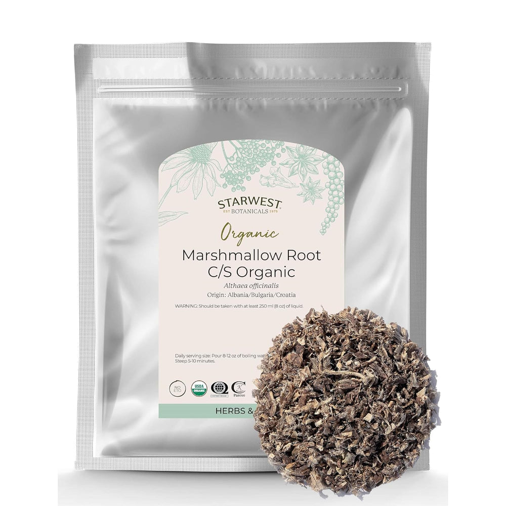 Starwest Botanicals paquete de raíz de malvavisco al frente mostrando presentación
