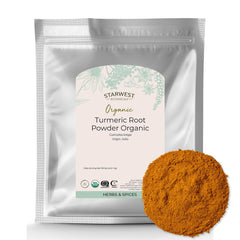 Starwest Botanicals empaque frontal de cúrcuma orgánica mostrando marca y peso