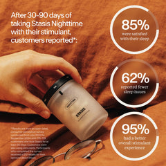 etiqueta nutricional de STASIS Nighttime mostrando dosis y lista de ingredientes transparen