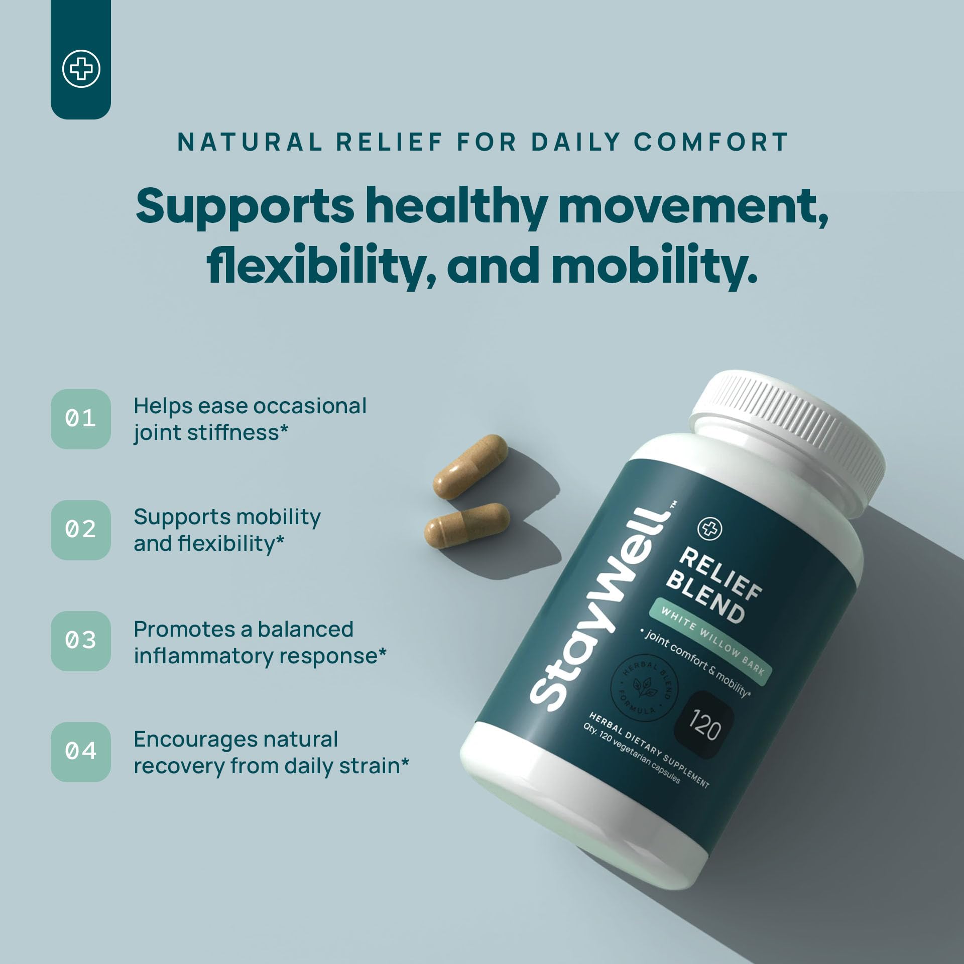 Stay-Well Naturals cápsulas en mano, visualización de dosis práctica y cómoda