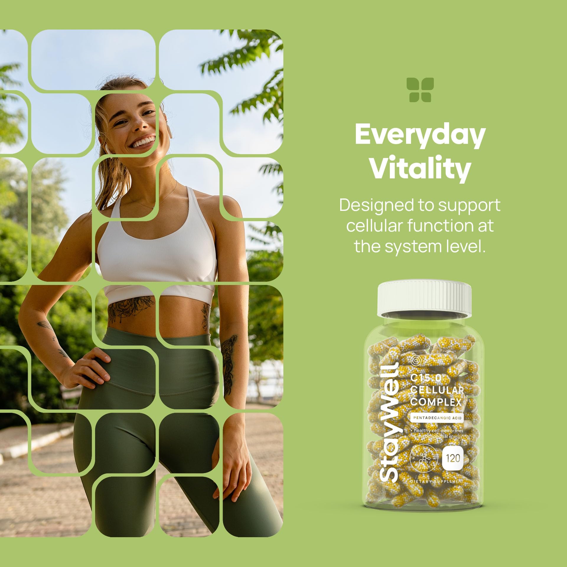 Stay-Well Naturals persona tomando suplemento en estilo de vida saludable cotidiano