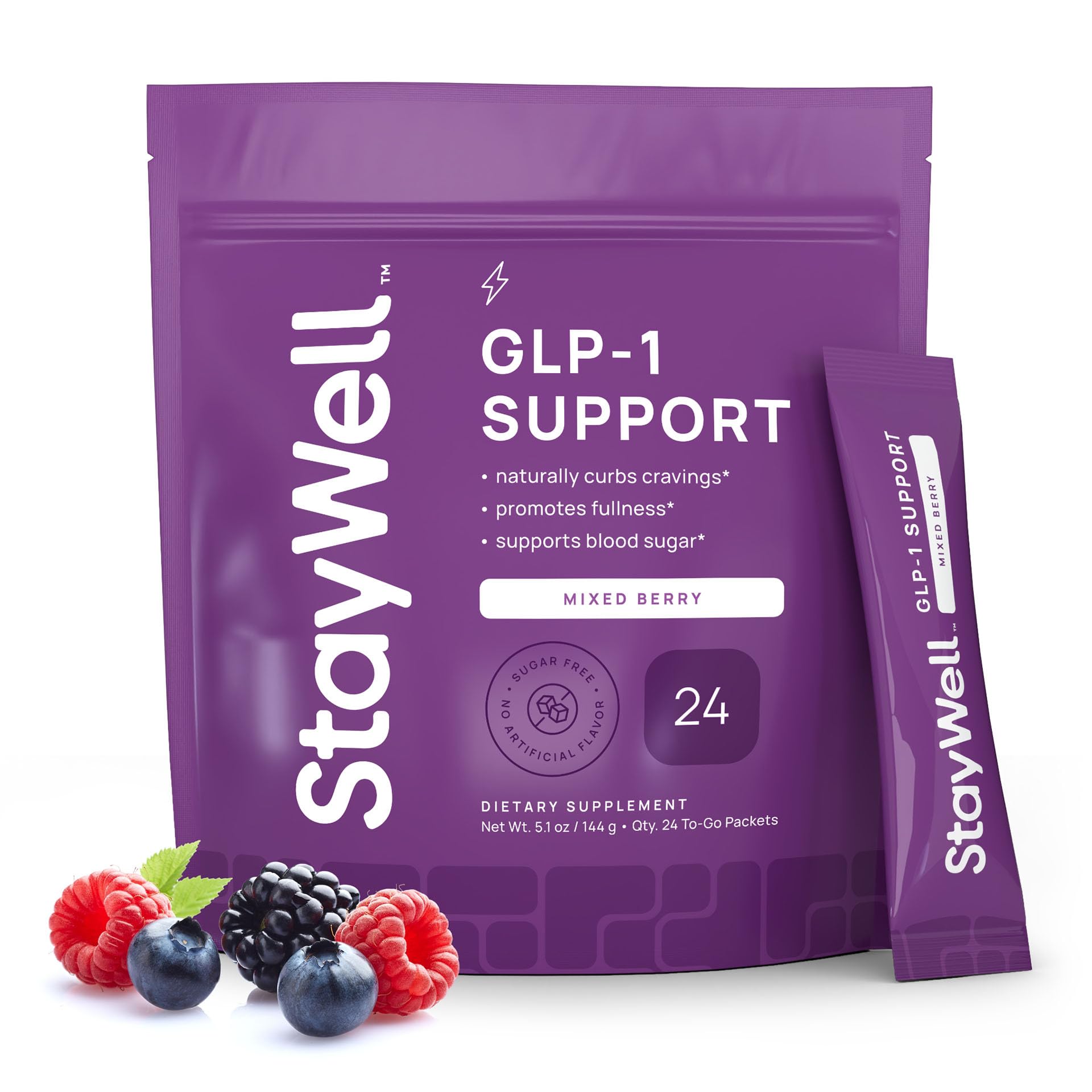 Stay-Well Naturals envase frontal mostrando fórmula y sabor mixed berry
