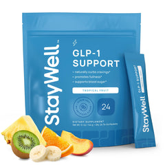 Stay-Well Naturals envase frontal mostrando sabor tropical y beneficios