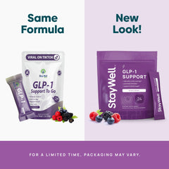 Stay-Well Naturals pouch abierto con polvo listo para mezclar y beneficios