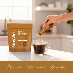 Preparación en mesa de desayuno con Slim Coffee de Stay-Well Naturals como opción nutritiva