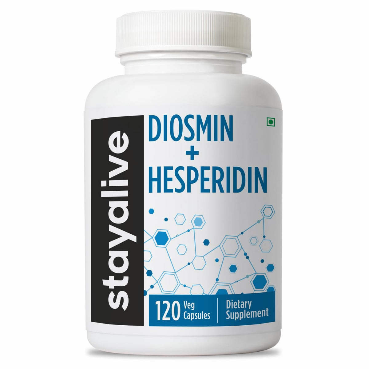 STAYALIVE frasco frontal limpio mostrando 120 cápsulas y información clara