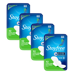 Stayfree frente del empaque mostrando 32 unidades y conveniencia