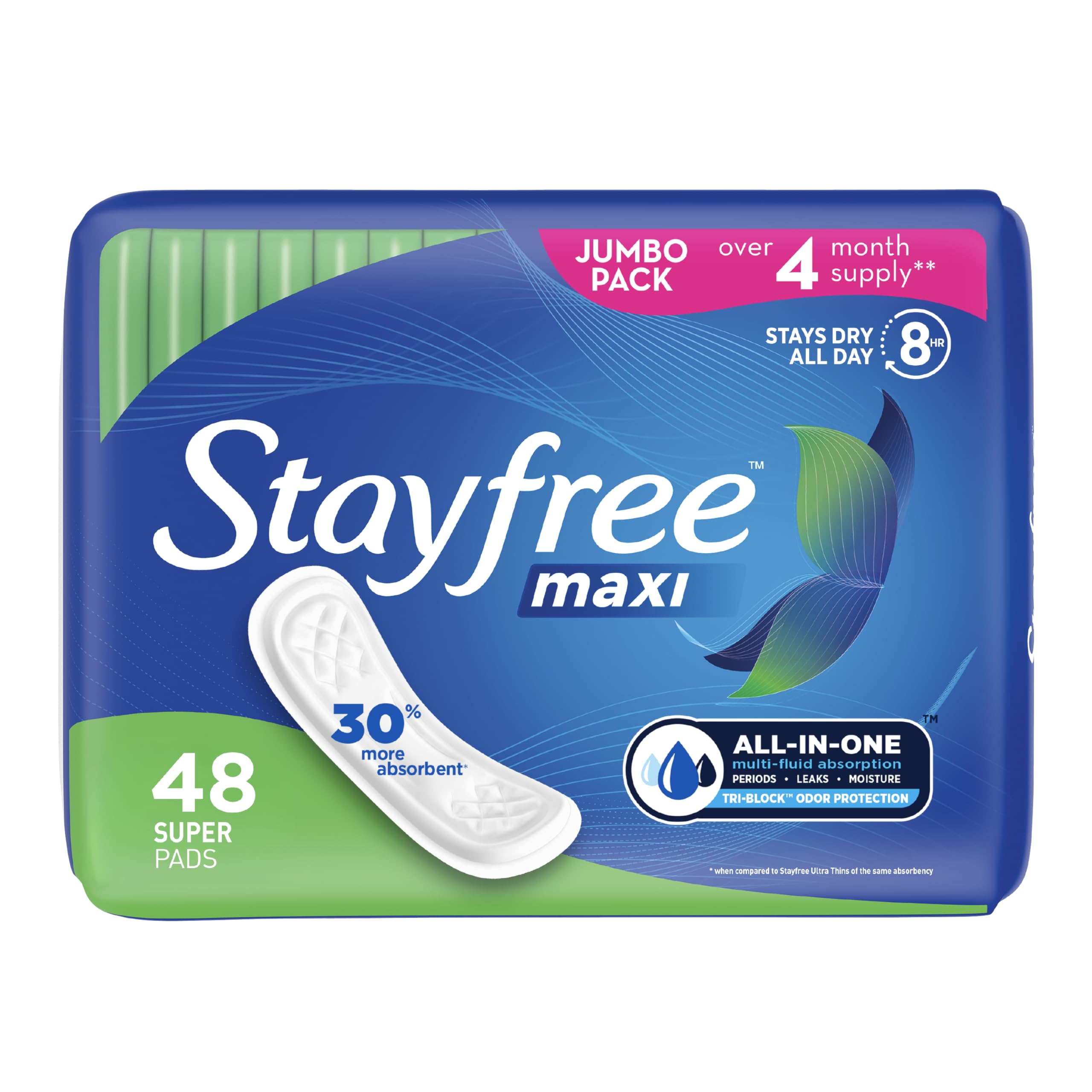 Stayfree empaque frontal que muestra 48 unidades y protección máxima