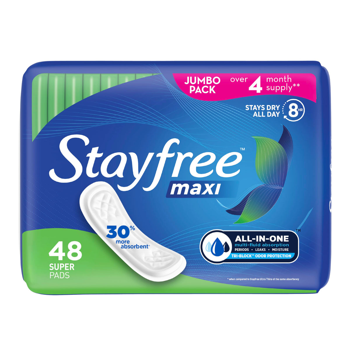 Stayfree empaque frontal que muestra 48 unidades y protección máxima