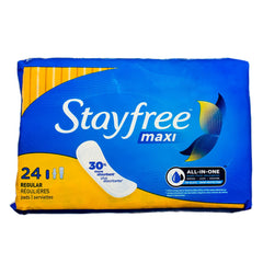 Stayfree paquete frontal mostrando 24 unidades y portabilidad