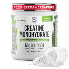 SteelFit frasco frontal Creapure sin sabor mostrando diseño y claridad de ingrediente