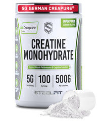 SteelFit envase frontal del creatine Creapure mostrando diseño y cantidad