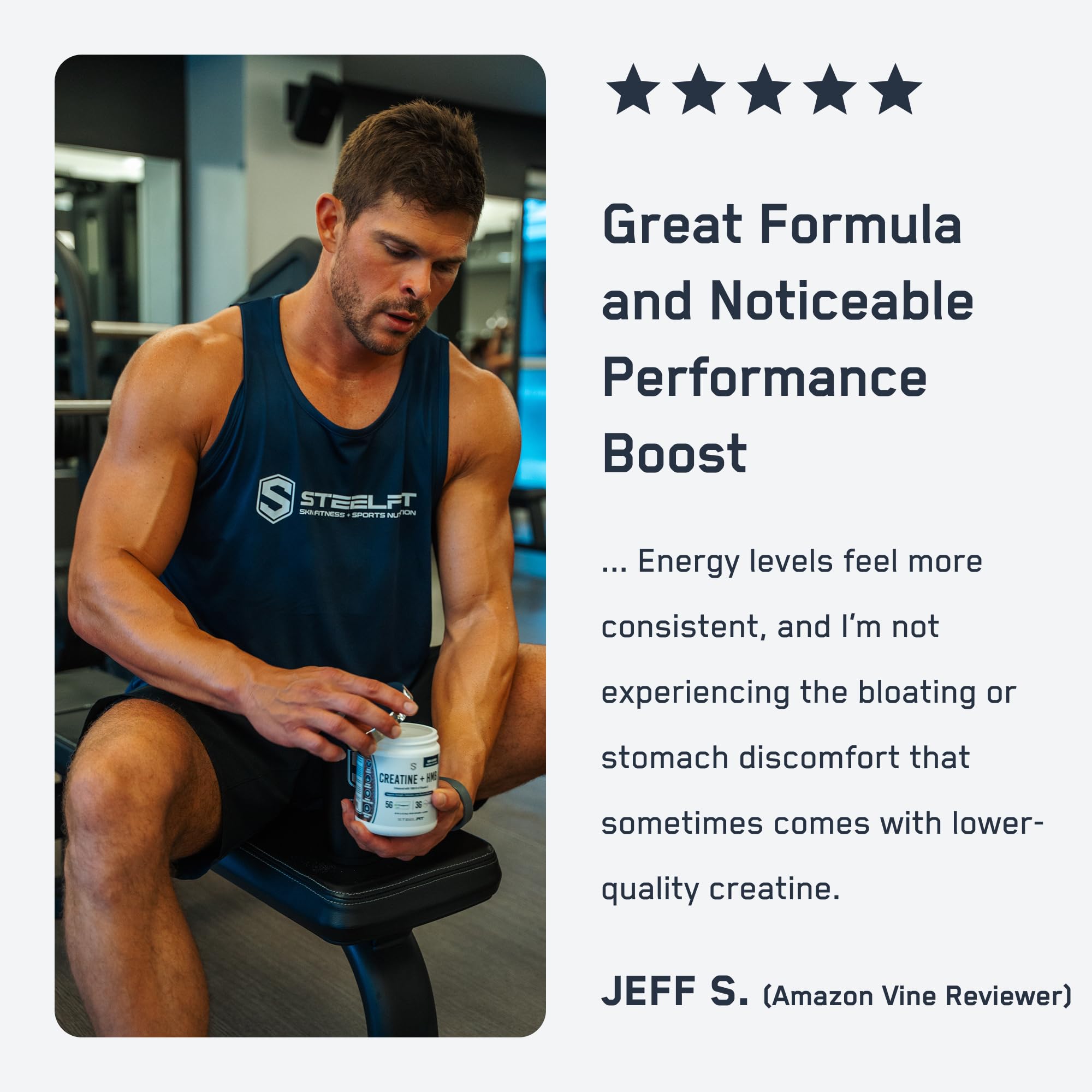 Etiqueta SteelFit con lista de ingredientes y certificación Creapure