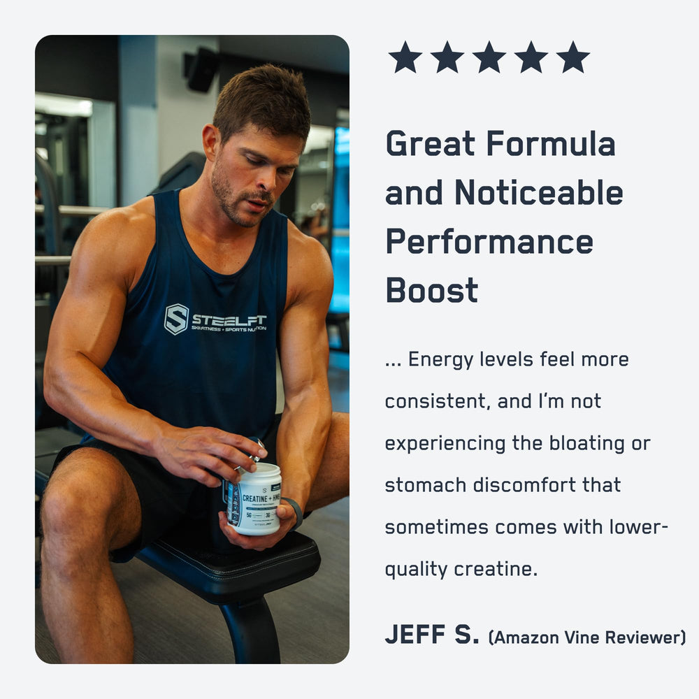 Etiqueta SteelFit con lista de ingredientes y certificación Creapure