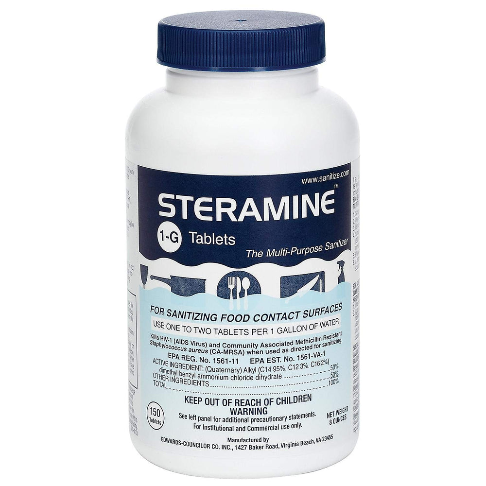 Steramine botella frontal mostrando 150 tabletas y etiqueta clara, práctico y económico