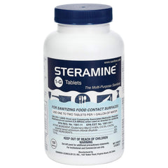 Steramine botella frontal mostrando 150 tabletas y etiqueta clara, práctico y económico