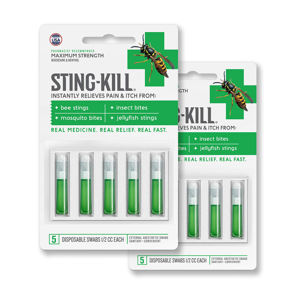 Sting-Kill empaque frontal mostrando paquete y conteo, alivio rápido