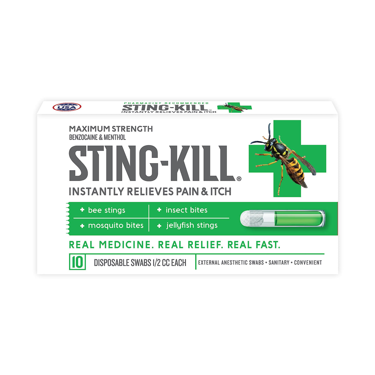 Sting-kill paquete cerrado mostrando 10 hisopos para alivio rápido