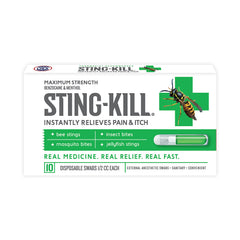 Sting-kill paquete cerrado mostrando 10 hisopos para alivio rápido