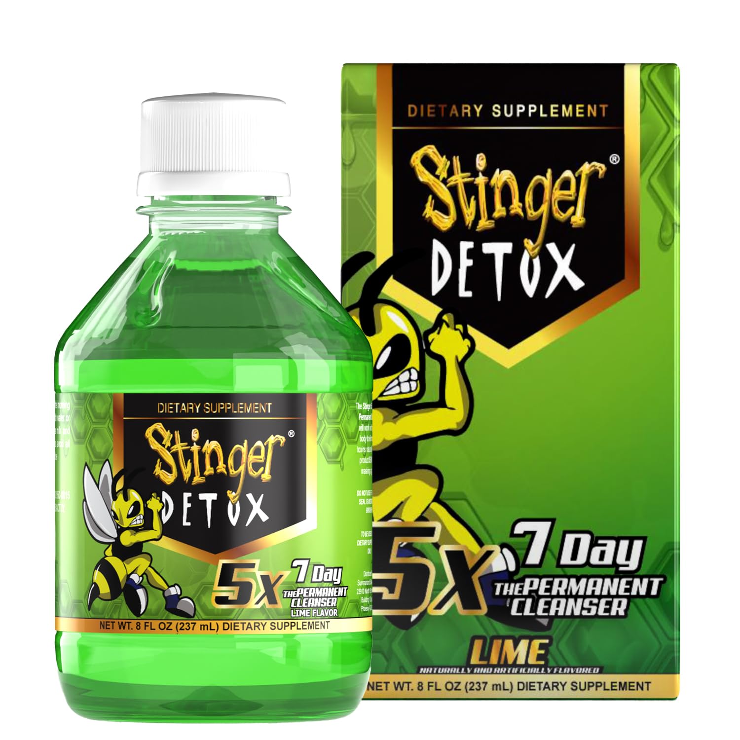 Stinger Detox botella frente sabor lima mostrando diseño y beneficio limpieza natural