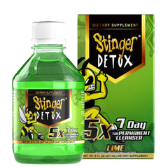 Stinger Detox botella frente sabor lima mostrando diseño y beneficio limpieza natural