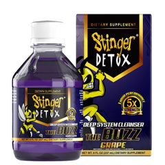 Stinger Detox botella frontal uva mostrando etiqueta y beneficio rápido