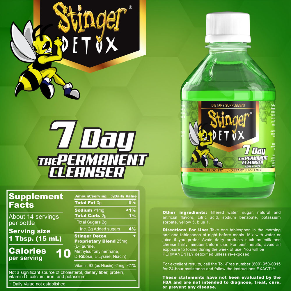 Comparación de tamaño de Stinger Detox 8 fl oz para referencia práctica