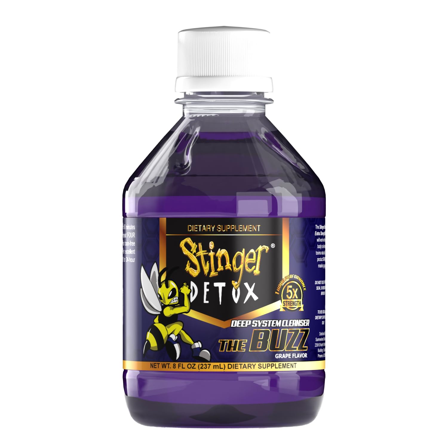 Stinger Detox detalle de textura de la bebida uva señalando concentración
