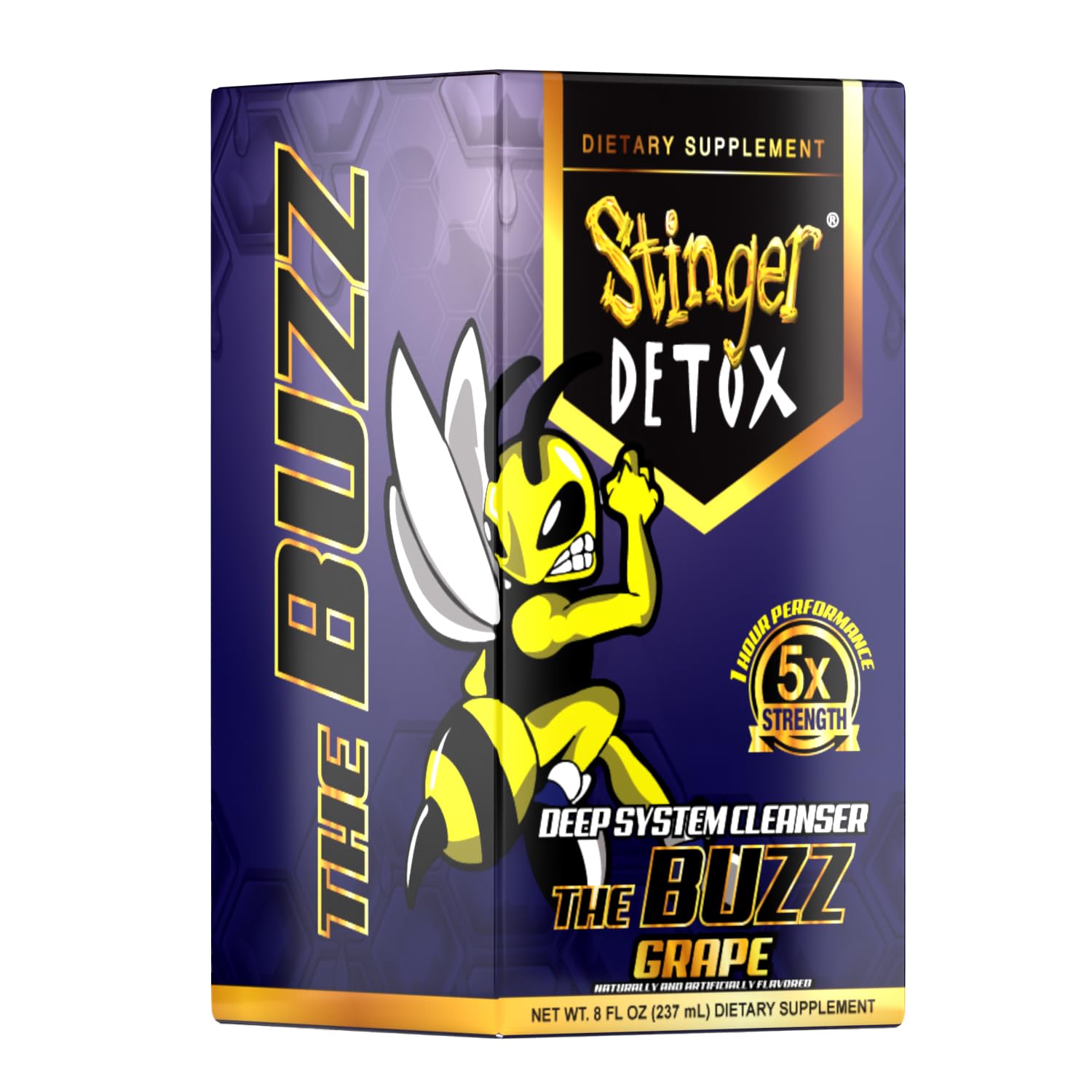 Stinger Detox envase abierto con líquido uva listo para beber y conveniencia