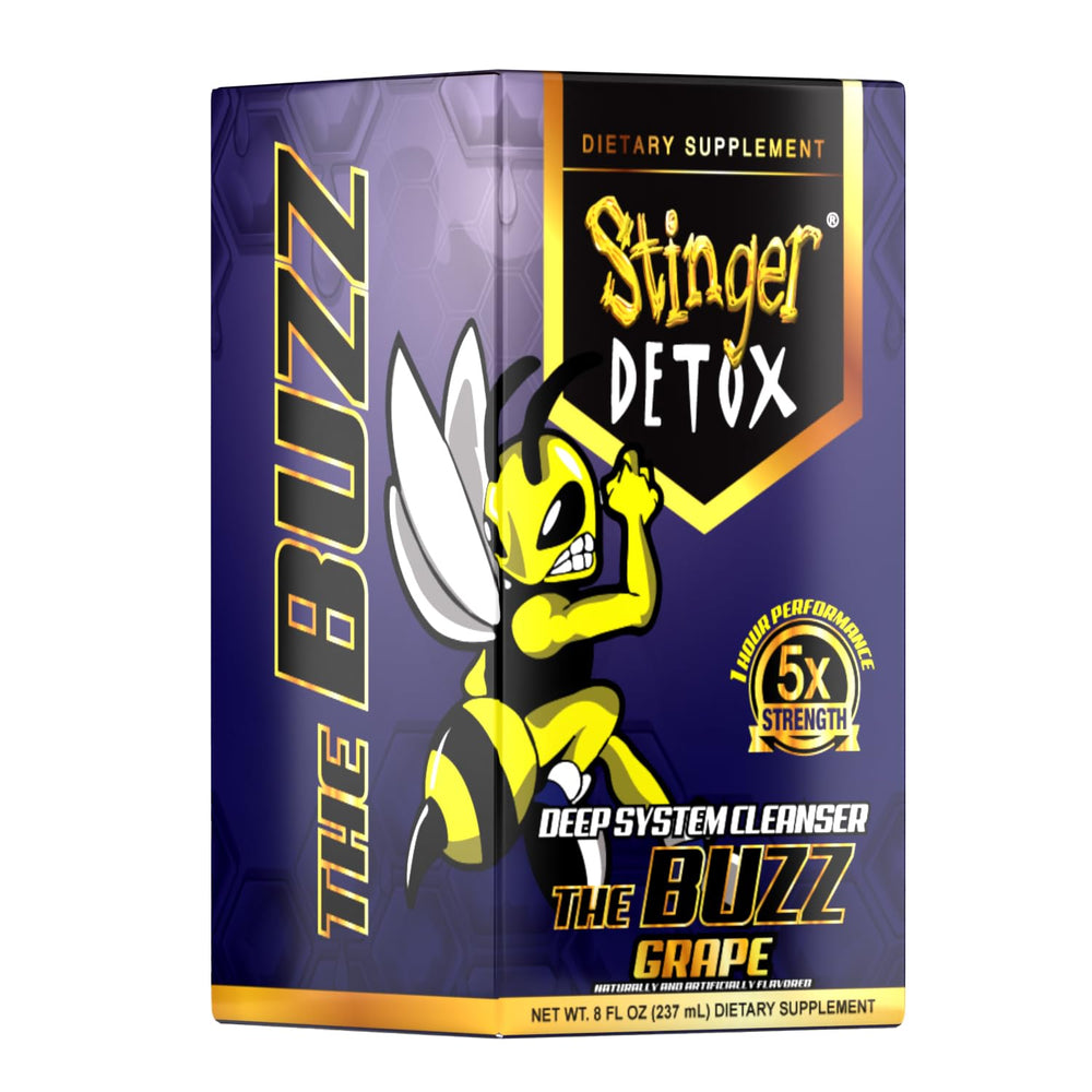 Stinger Detox envase abierto con líquido uva listo para beber y conveniencia