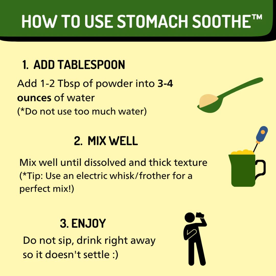 Stomach Soothe envase abierto con polvo, muestra la cantidad y consistencia del producto
