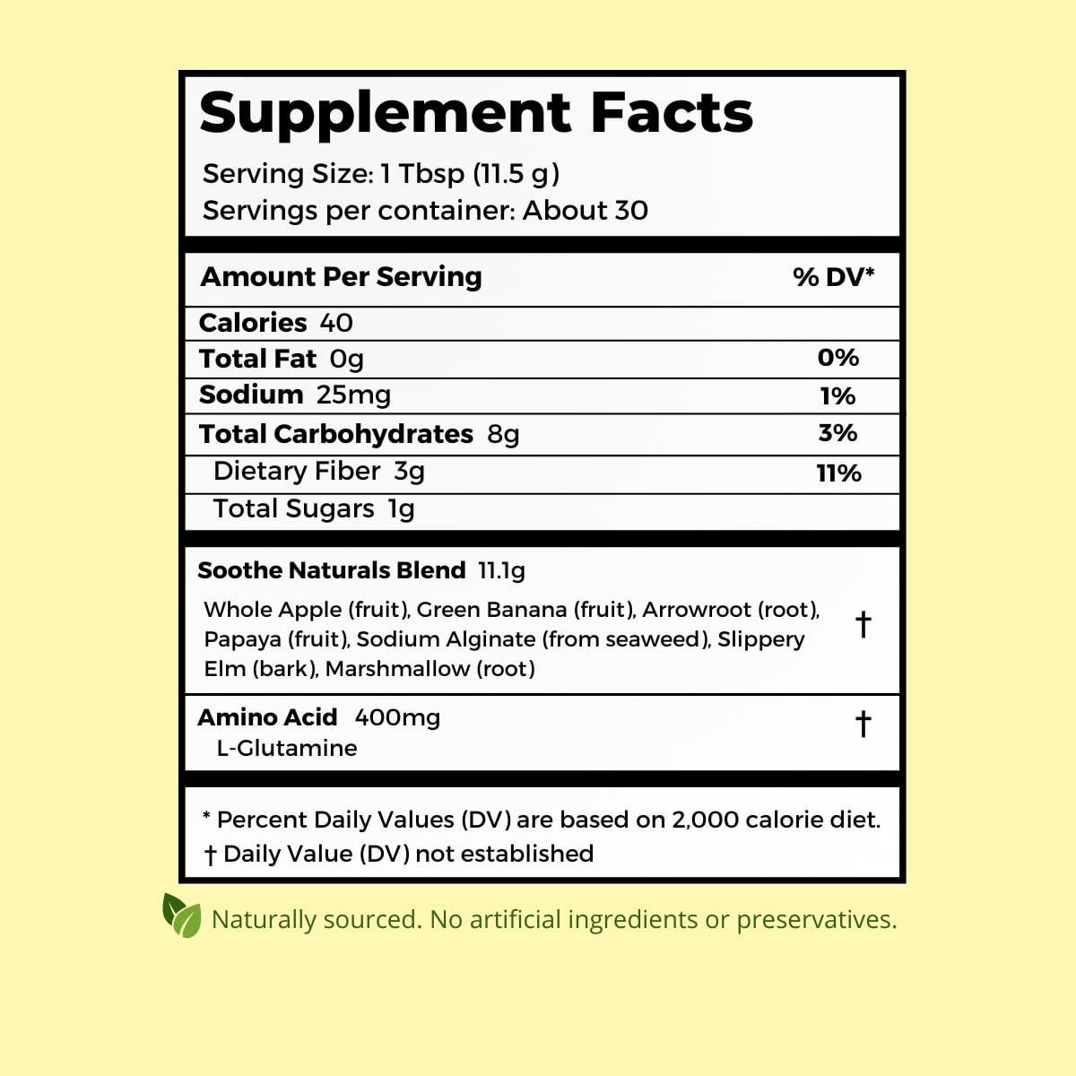 Stomach Soothe ingredientes secos exhibidos, evidencia de formulación vegetal limpia