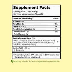 Stomach Soothe ingredientes secos exhibidos, evidencia de formulación vegetal limpia