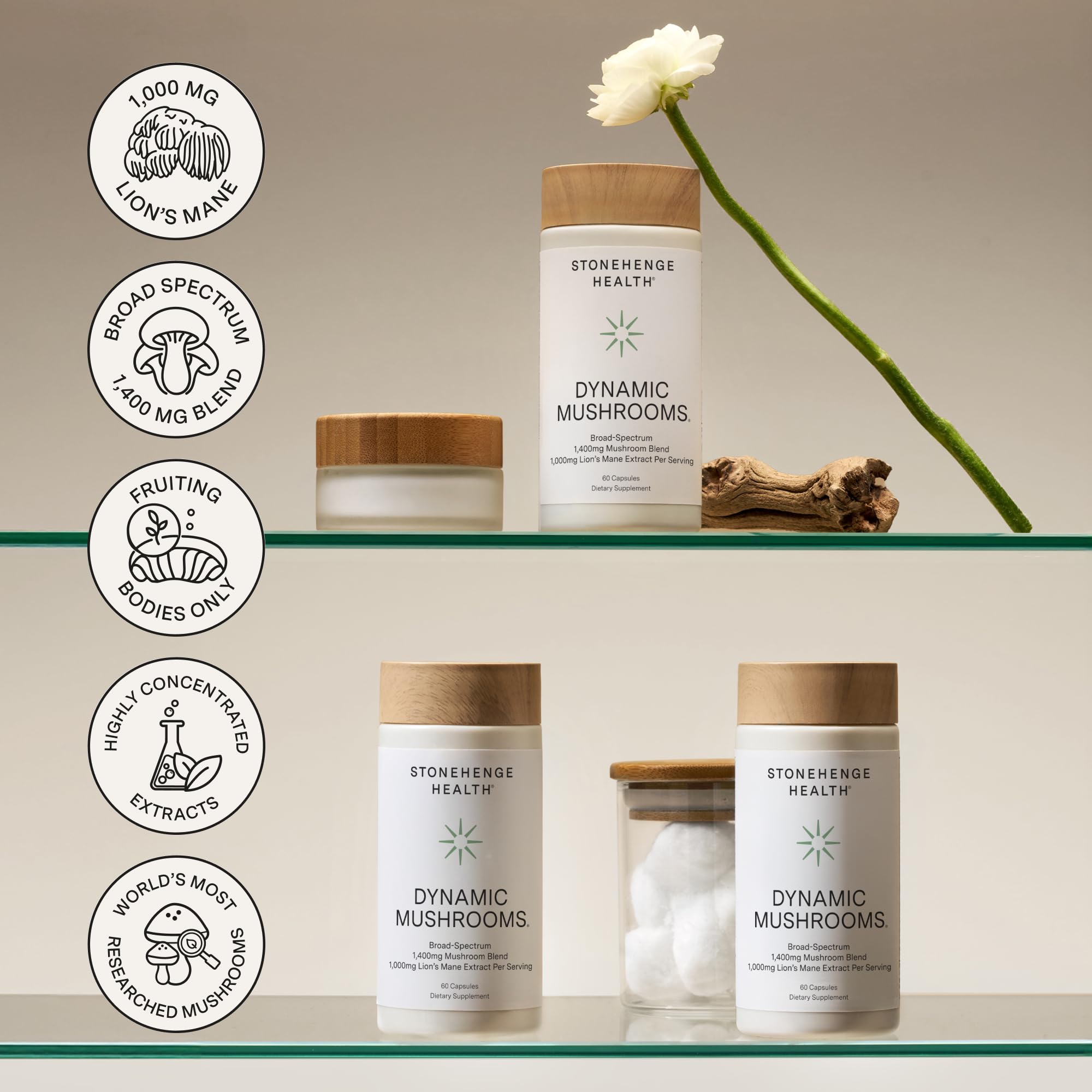 Stonehenge Health etiqueta nutricional indicando concentraciones por porción