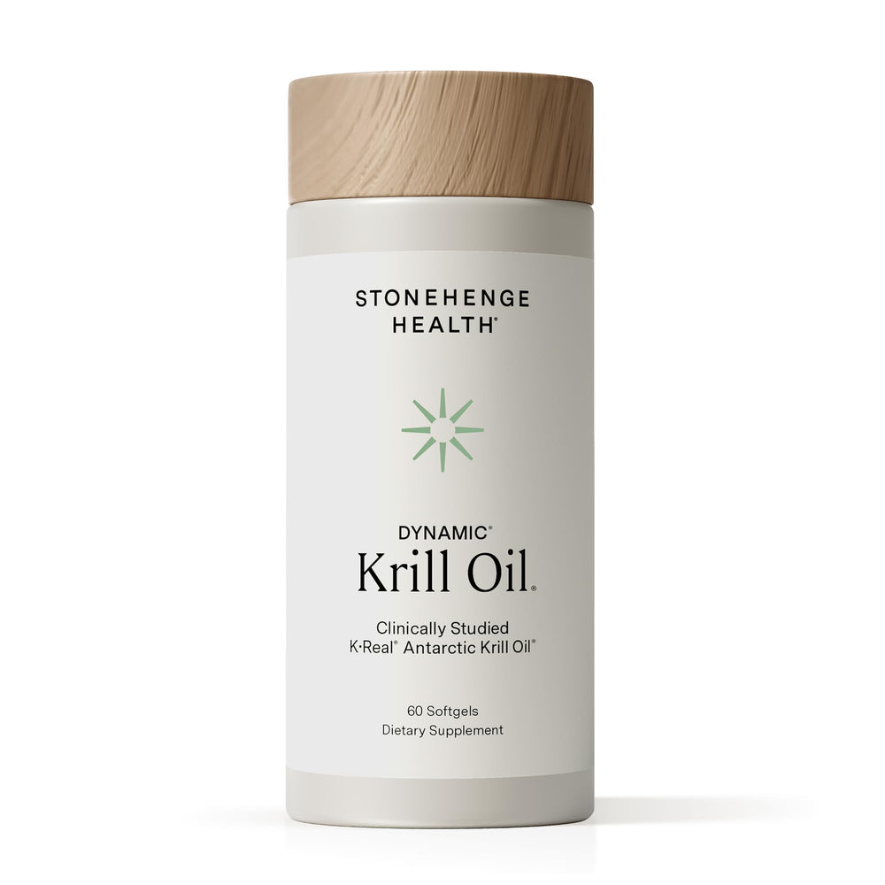 Stonehenge Health frasco frontal de Dynamic Krill Oil mostrando presentación y beneficio