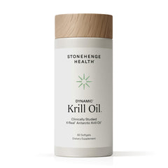Stonehenge Health frasco frontal de Dynamic Krill Oil mostrando presentación y beneficio