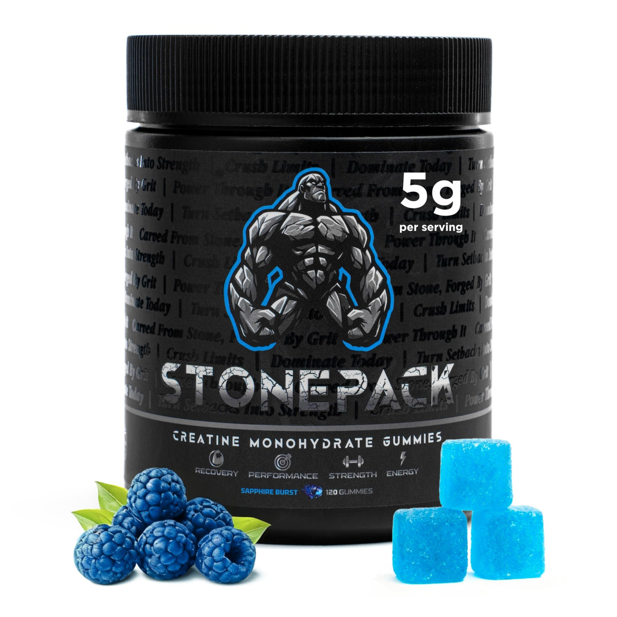 STONEPACK envase frontal con 120 gominolas y dosificación clara