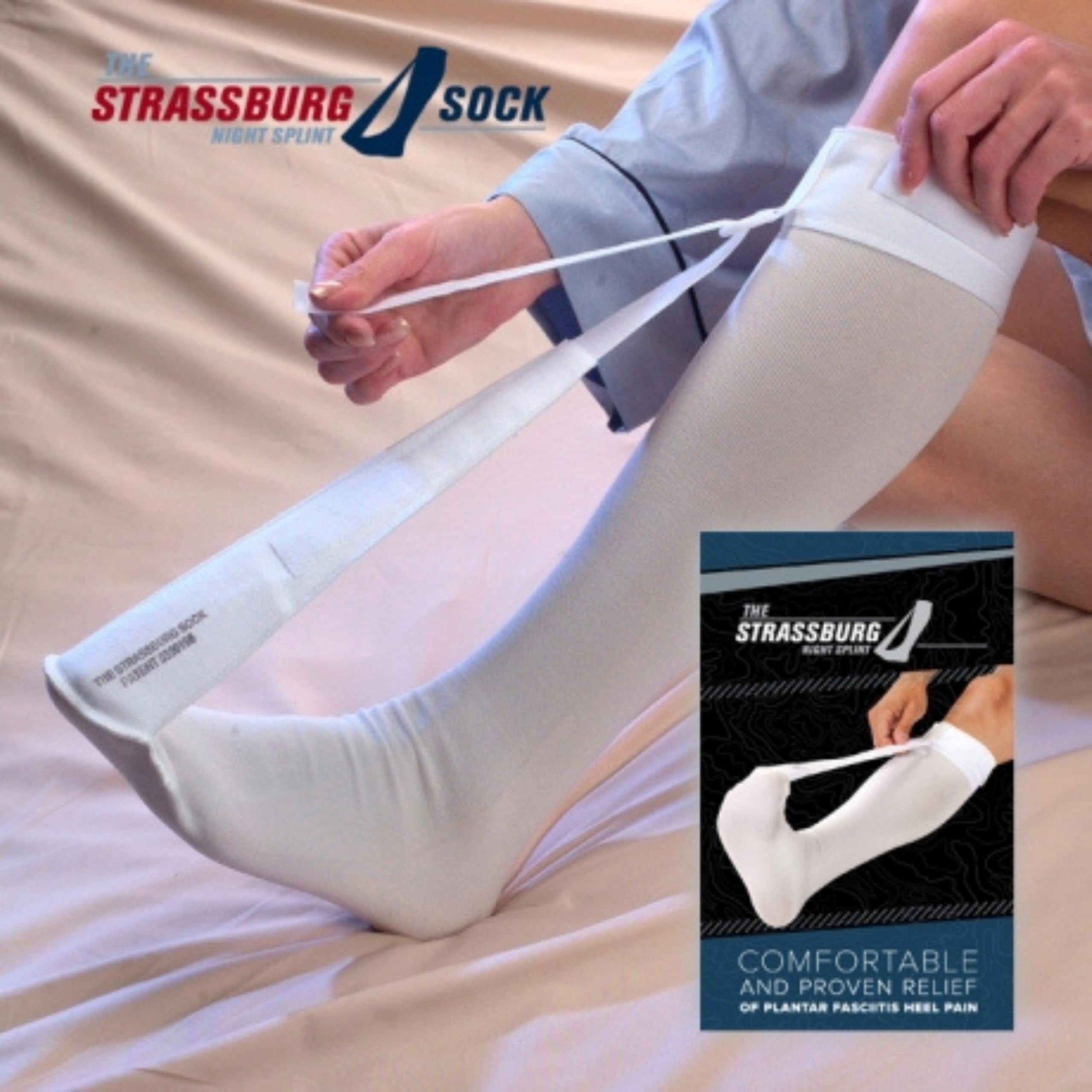 The Strassburg Sock comparada con una pierna para visualizar tamaño y ajuste seguro