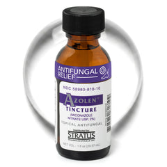 STRATUS PHARMACEUTICALS Azolen Tincture frasco frontal y etiqueta clara que muestra 2% miconazol
