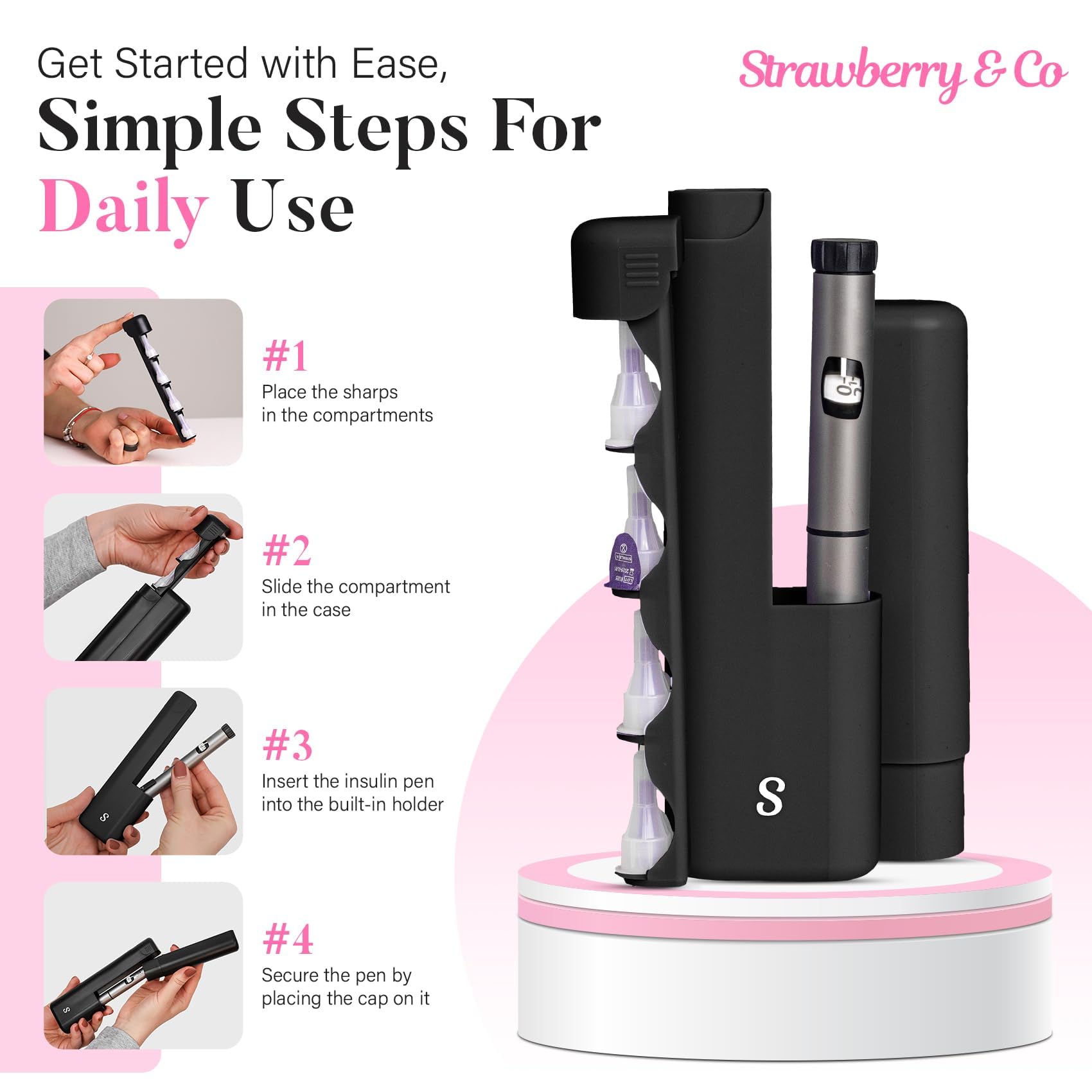 STRAWBERRY & CO estuche abierto mostrando bolígrafos, viales y accesorios ordenados