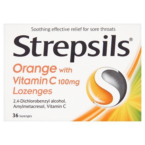 Strepsils envase frontal naranja con vitamina C, práctico y portátil