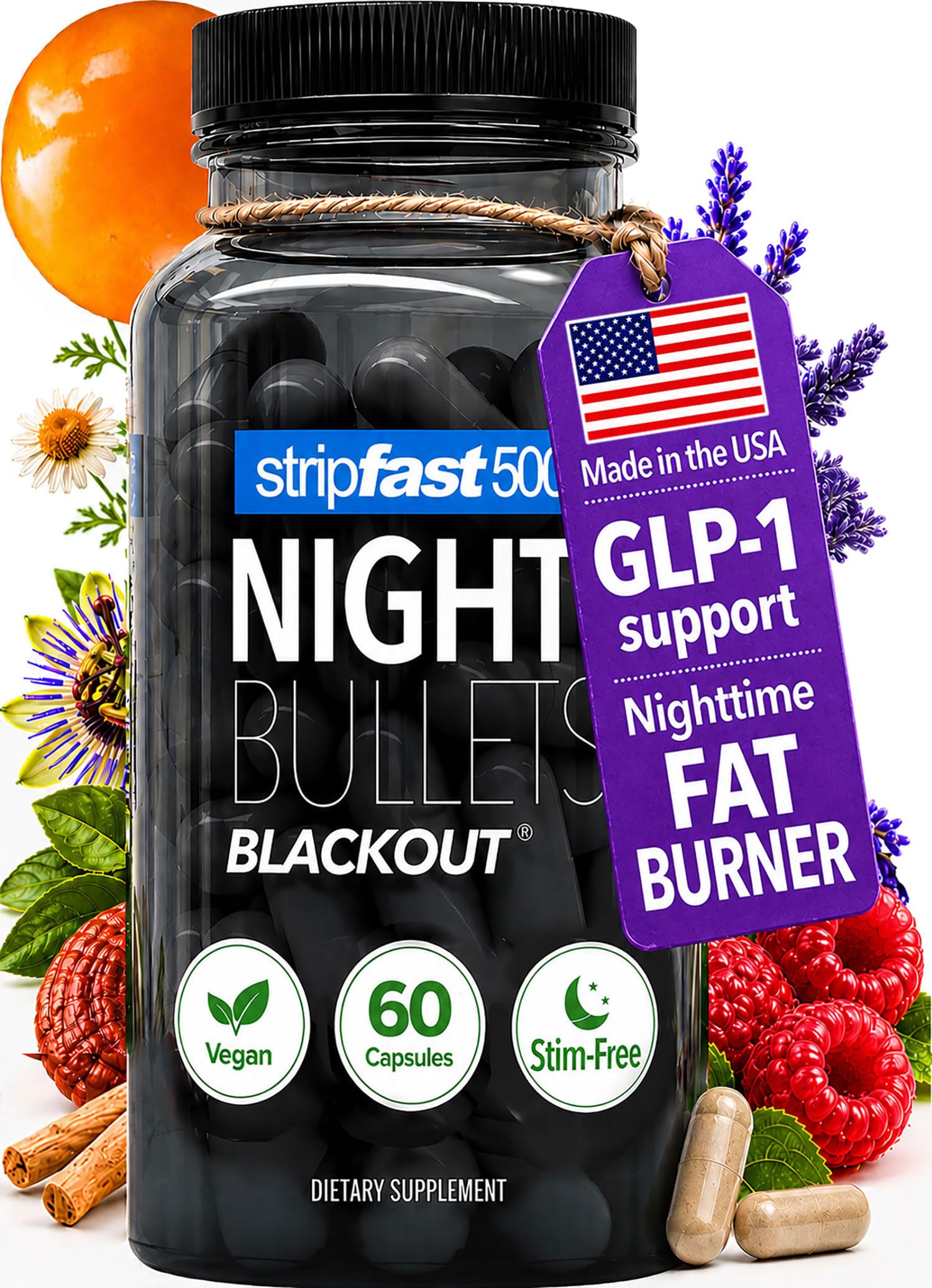 stripfast5000 envase Night Bullets frontal mostrando cápsulas y beneficios