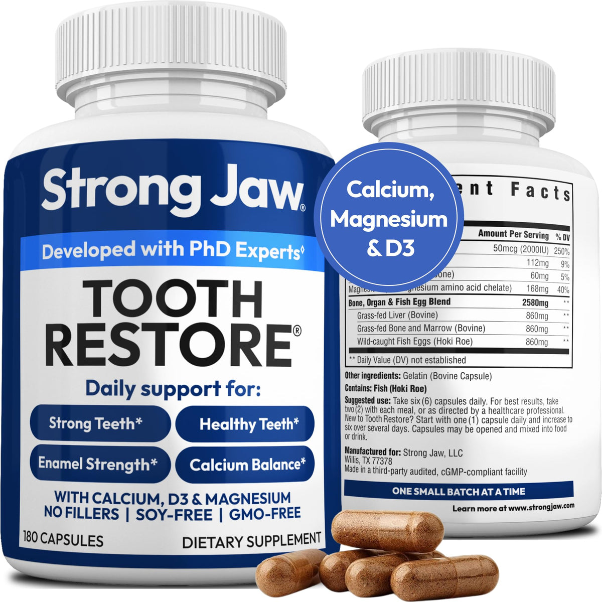 Strong Jaw envase frontal que muestra 180 cápsulas y confianza