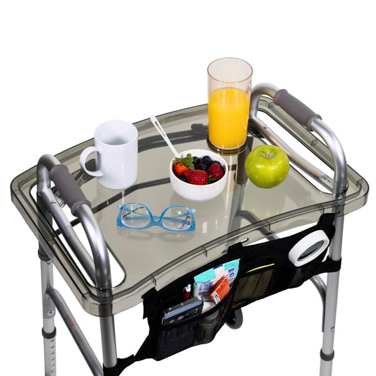 STRONGARM bandeja frontal montada en andador mostrando estabilidad y accesibilidad