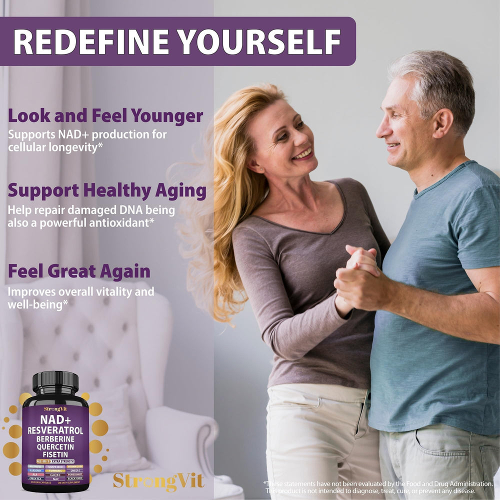StrongVit etiqueta con lista de ingredientes clave mostrando NAD y trans-resveratrol para transparencia