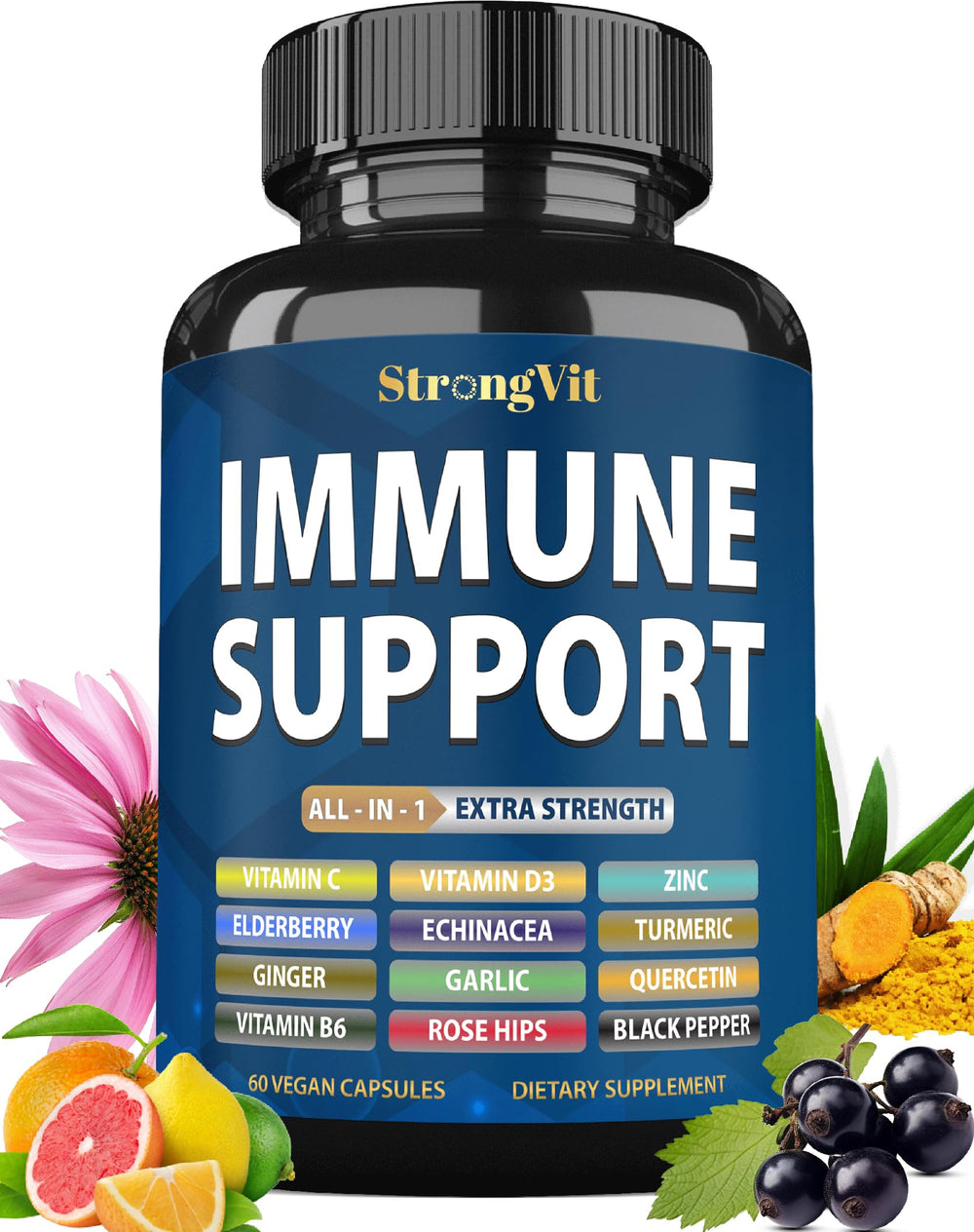 StrongVit frente del producto mostrando la botella y etiqueta clara beneficio conveniencia